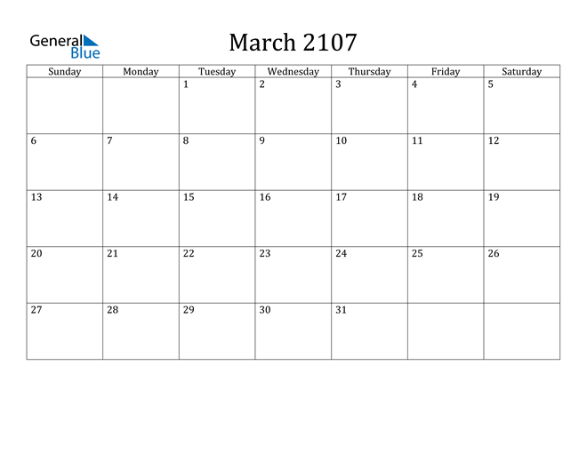 March 2107 Calendar PDF Word Excel