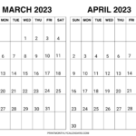 March April 2023 Calendar Printable Template Free Two Month Planners