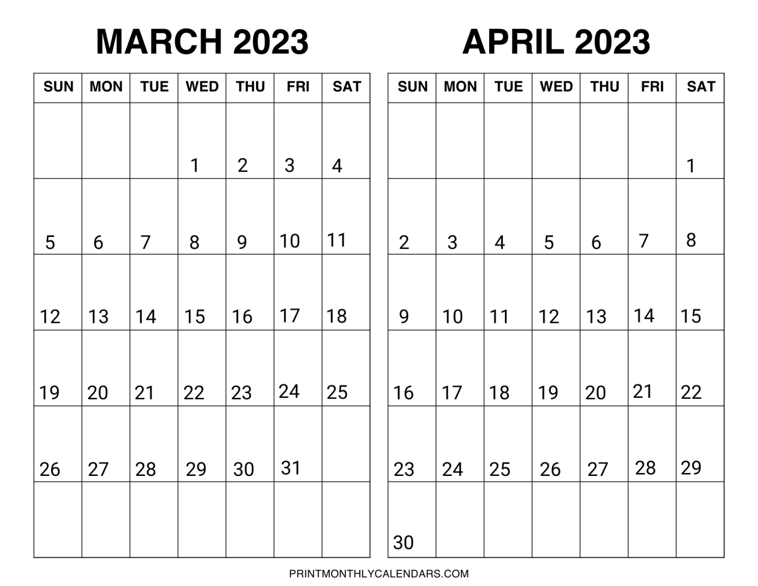 March April 2023 Calendar Printable Template Free Two Month Planners