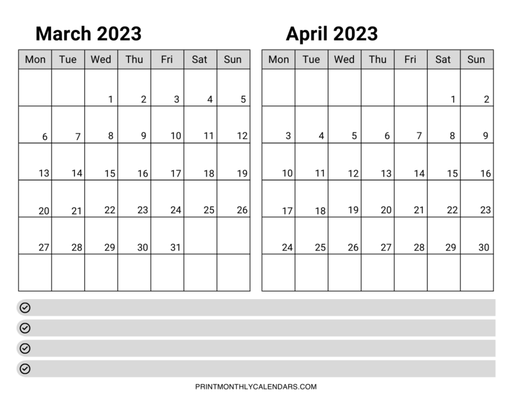 March April 2023 Calendar Printable Template Free Two Month Planners