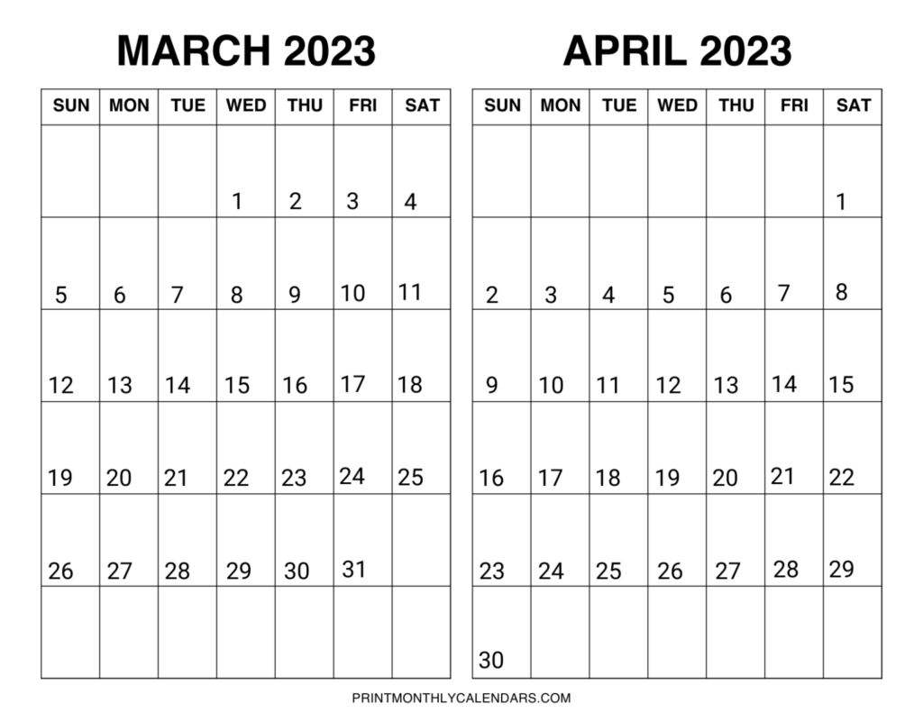 March April 2023 Calendar Printable Template Free Two Month Planners