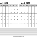 March April 2023 Calendar Printable Template Free Two Month Planners