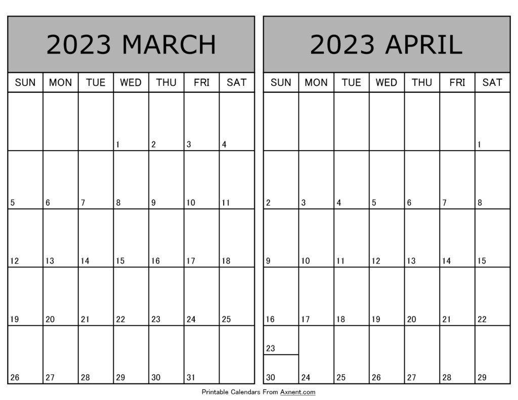 March April 2023 Calendar Templates Two Months