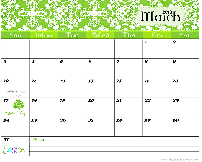 March Calendar Blooming Homestead