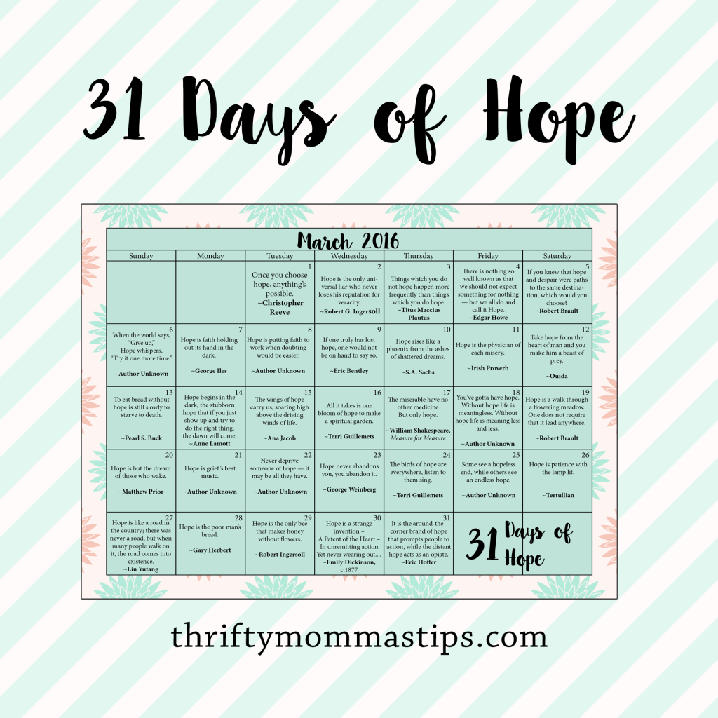 March Calendar Inspirational 31 Days Of Hope Sayings Thrifty Mommas