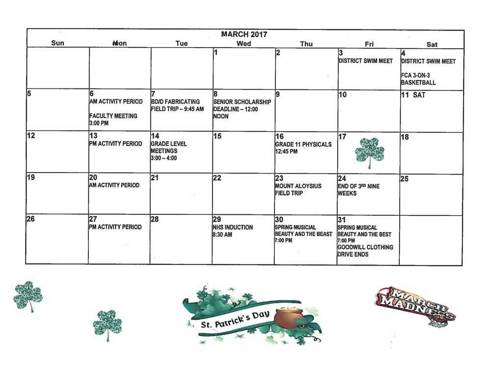 March Event Calendar Clearfield Area Jr Sr High School