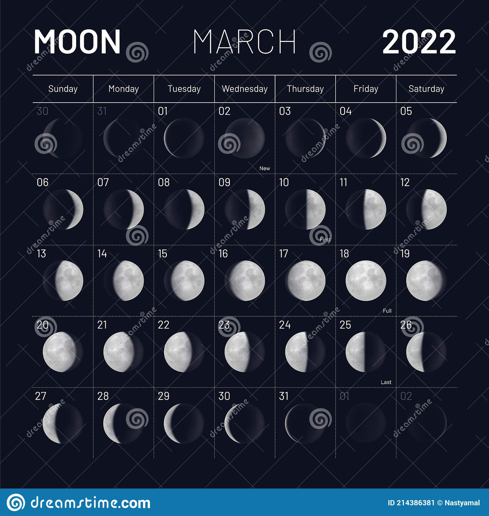 March Moon Phases Calendar On Dark Night Sky Stock Vector