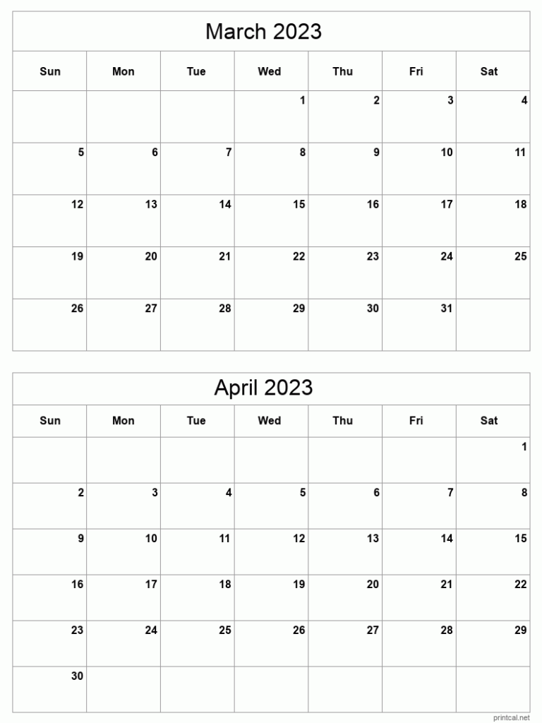 March To April 2023 Printable Calendar Two Months Per Page Printable 