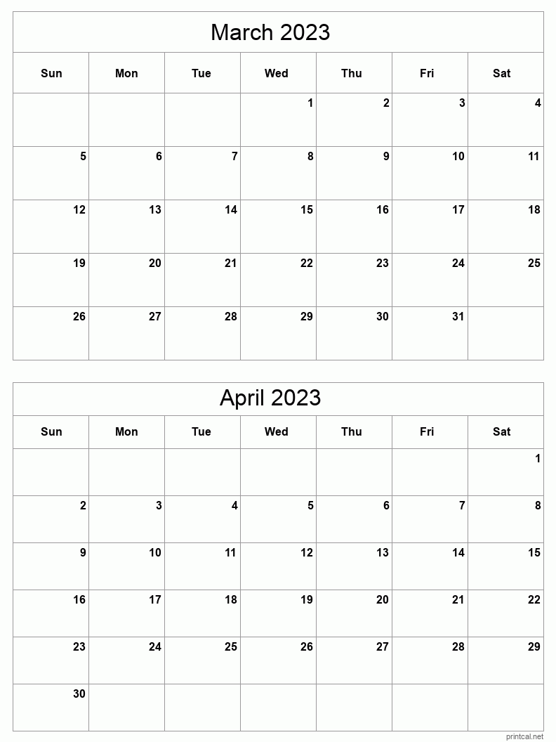 March To April 2023 Printable Calendar Two Months Per Page Printable