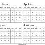 March To June 2023 Calendar Template March April May June Printable