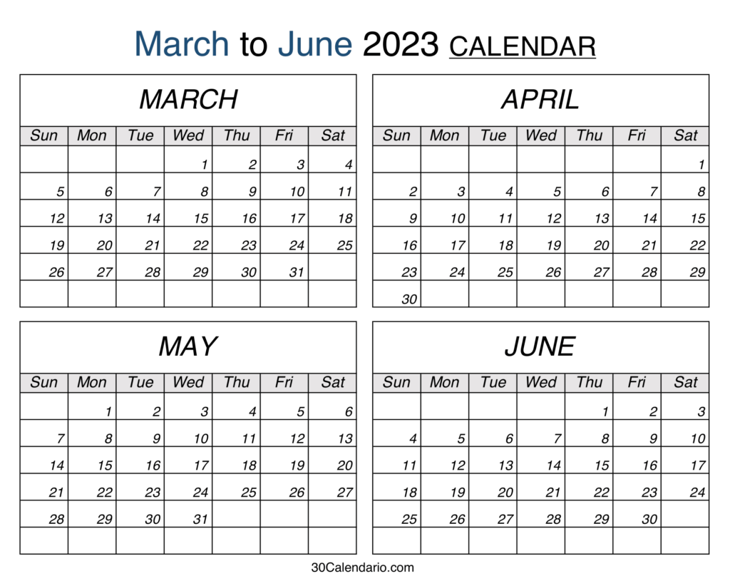 March To June 2023 Calendar Template March April May June Printable