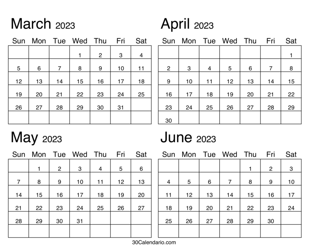 March To June 2023 Calendar Template March April May June Printable