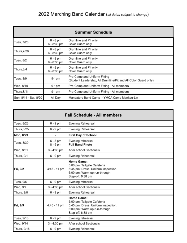 Marching Band Calendar North Farmington High School Band Orchestra