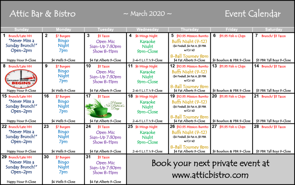 Our Events The Attic Bar And Bistro