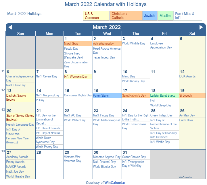 Print Friendly March 2022 US Calendar For Printing