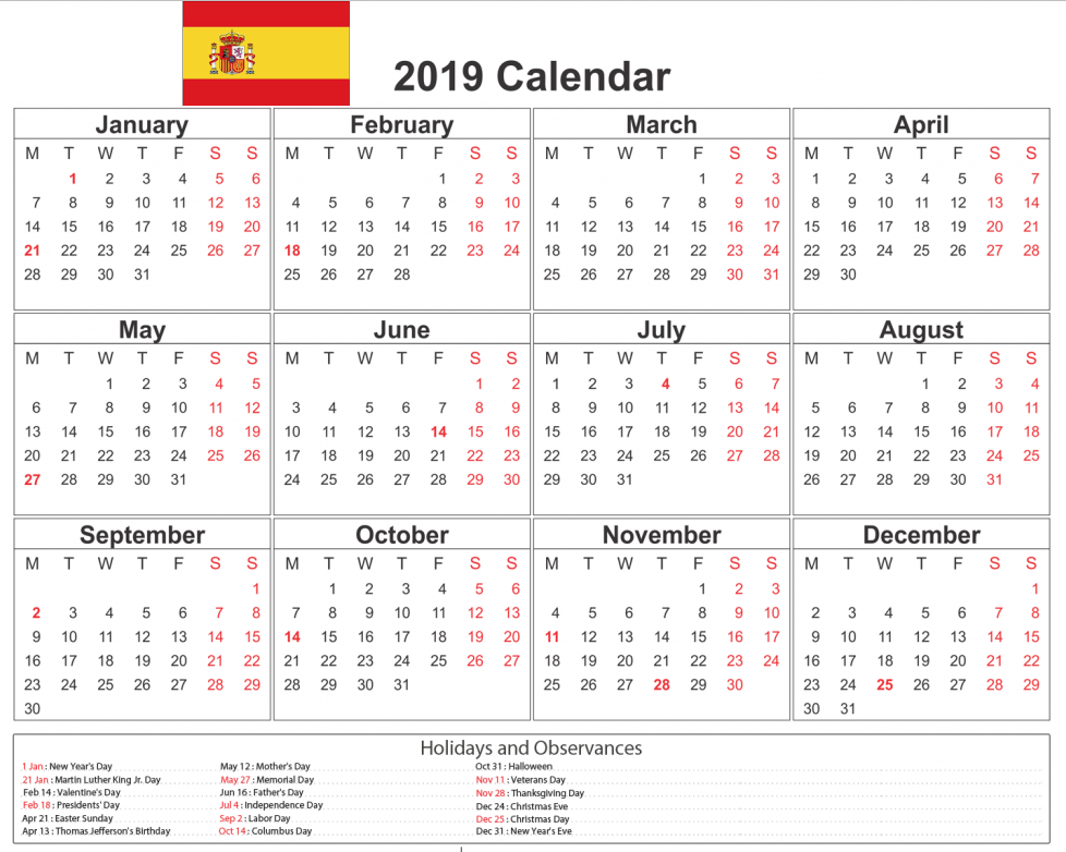 Printable 2019 Spanish Calendar Printable Calendar 2019 Calendar 