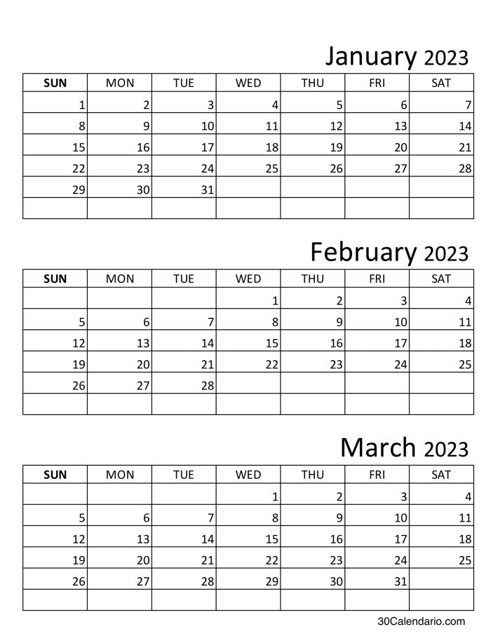 Printable Calendar January February March 2023 Three Month Template 