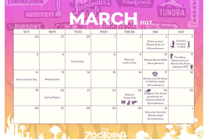 Printable Disney March 2017 Printable Calendar SKGaleana