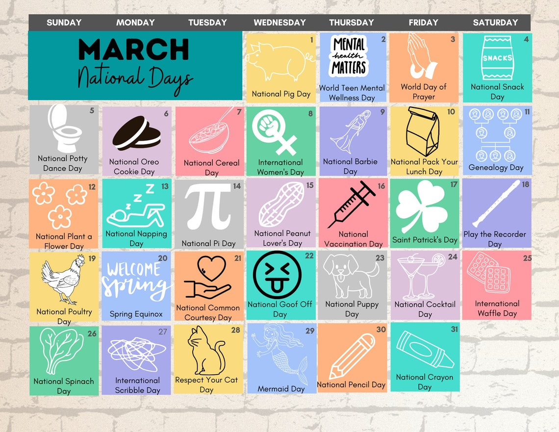 PRINTABLE MARCH 2023 National Days Calendar Fun Family Etsy