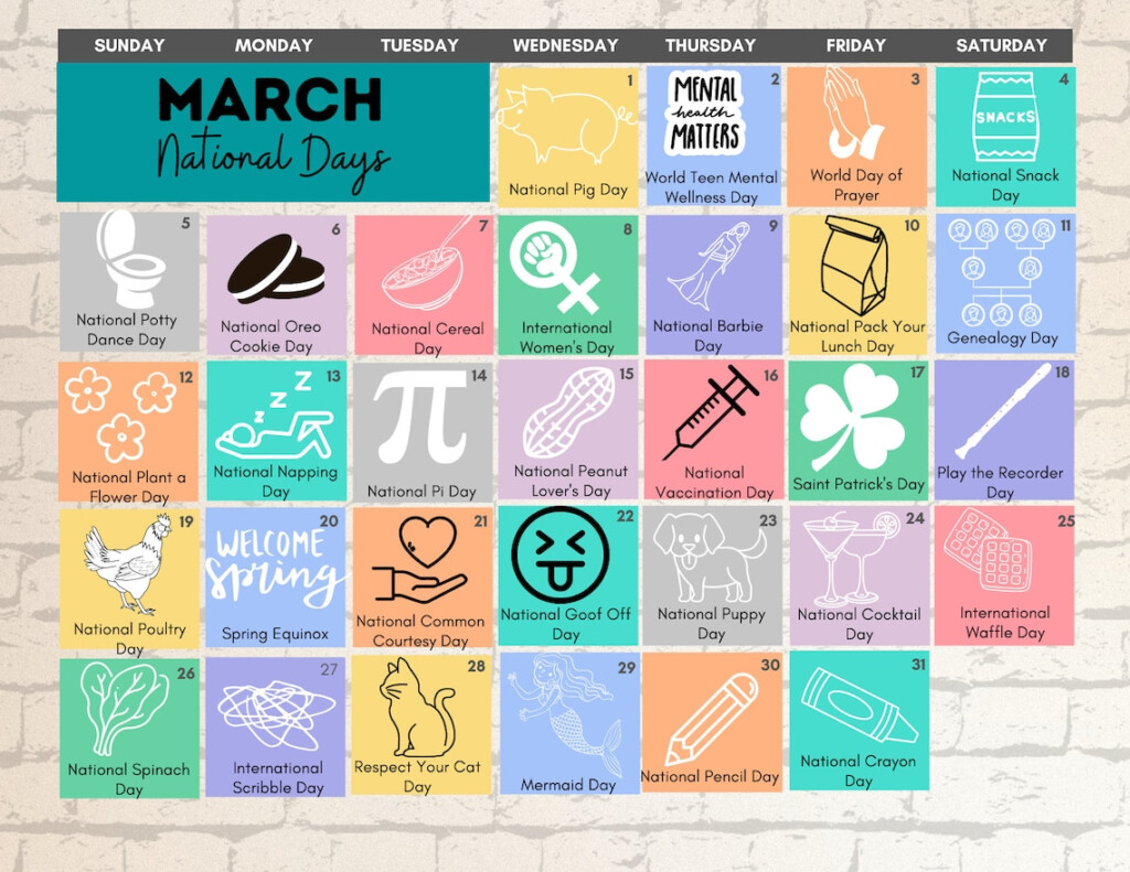 PRINTABLE MARCH 2023 National Days Calendar Fun Family Etsy