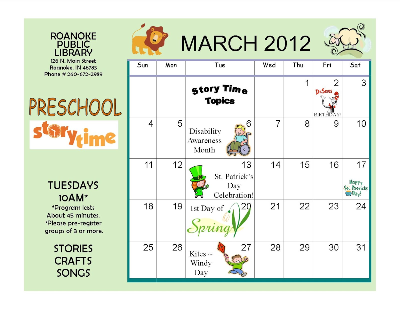 Roanoke Public Library March Preschool Story Time Calendar