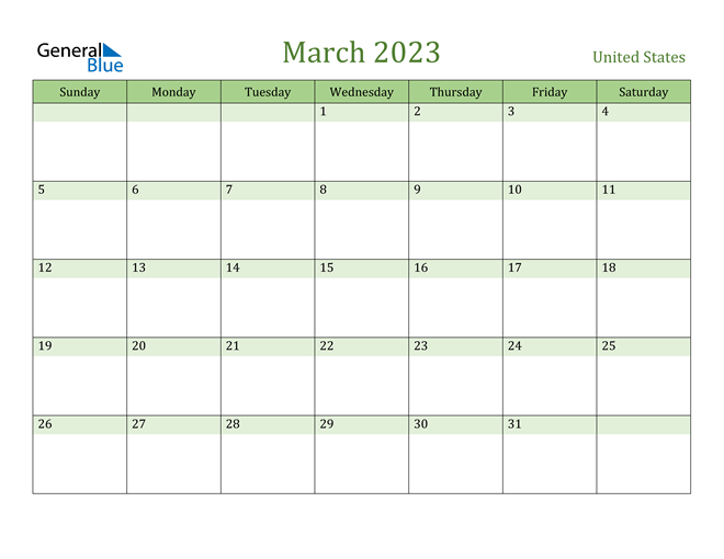 United States March 2023 Calendar With Holidays