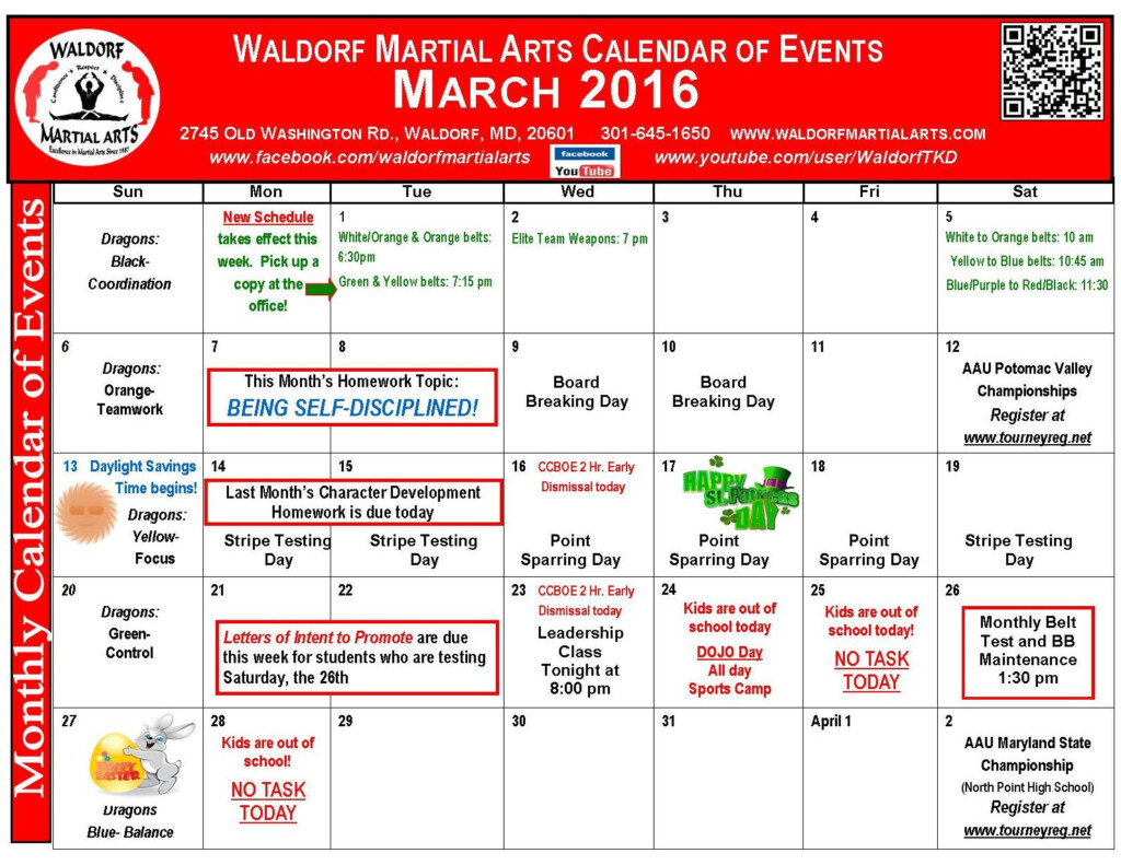 Waldorf Martial Arts March 2016 Calendar Of Events